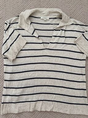Max Studio Cream and Navy Striped Polo Knit Top